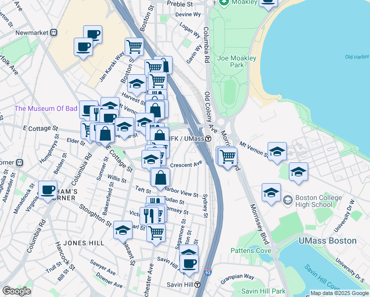 map of restaurants, bars, coffee shops, grocery stores, and more near 17 Moseley Street in Boston