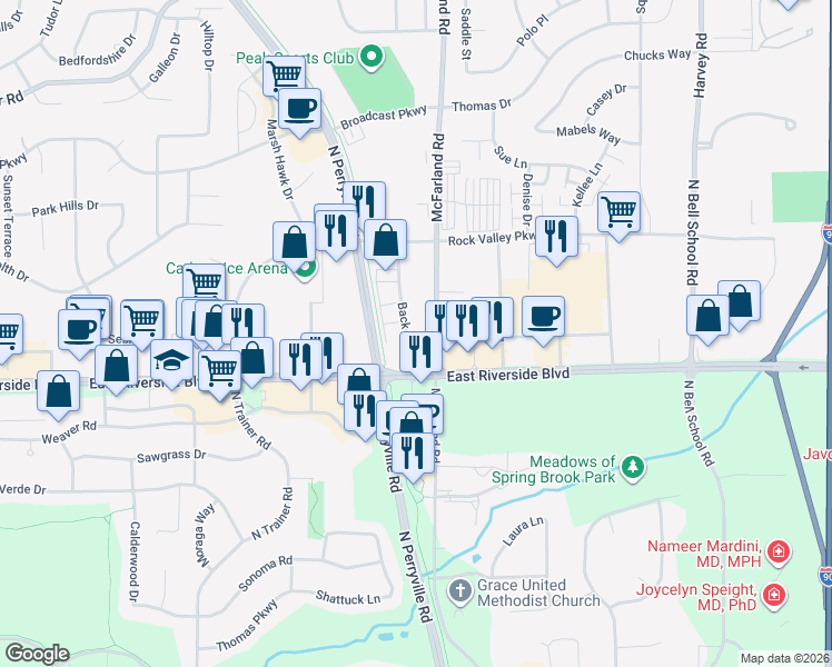 map of restaurants, bars, coffee shops, grocery stores, and more near 4020 McFarland Road in Loves Park