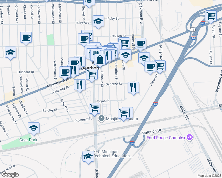 map of restaurants, bars, coffee shops, grocery stores, and more near 4244 Bingham Street in Dearborn