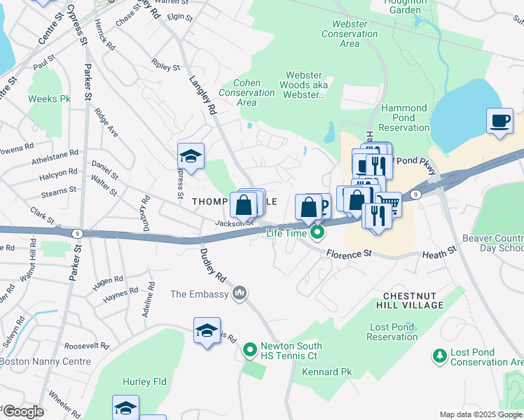 map of restaurants, bars, coffee shops, grocery stores, and more near 412 Langley Road in Newton