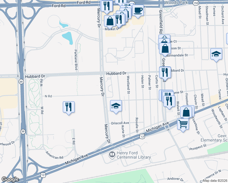 map of restaurants, bars, coffee shops, grocery stores, and more near 4719 Korte Street in Dearborn