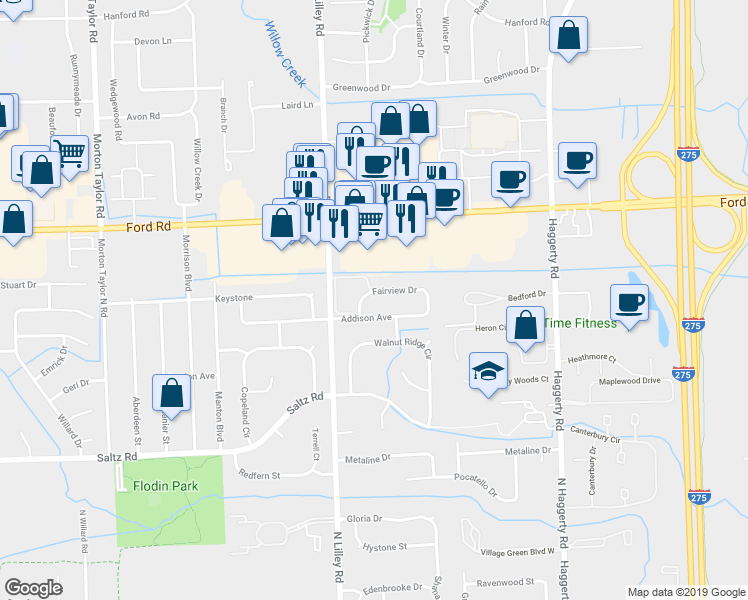 map of restaurants, bars, coffee shops, grocery stores, and more near 42225 Fairview Drive in Canton