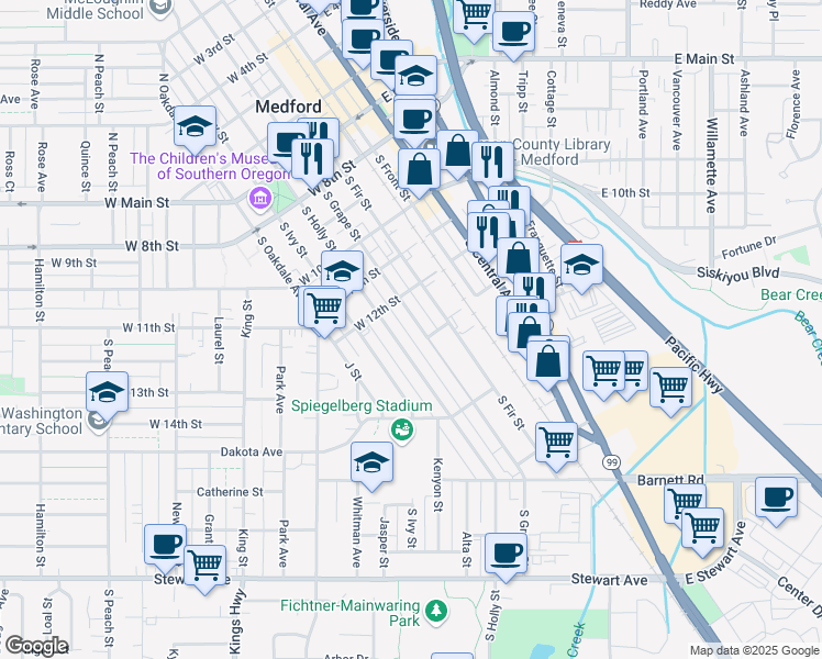 map of restaurants, bars, coffee shops, grocery stores, and more near 528 South Grape Street in Medford