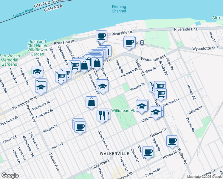 map of restaurants, bars, coffee shops, grocery stores, and more near 849 Kildare Road in Windsor