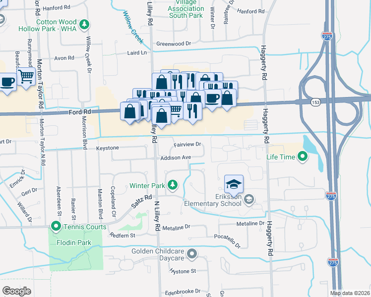map of restaurants, bars, coffee shops, grocery stores, and more near 42073 Addison Avenue in Canton