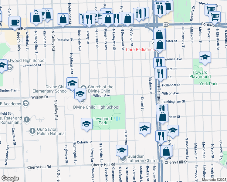 map of restaurants, bars, coffee shops, grocery stores, and more near 1121 North Lafayette Street in Dearborn