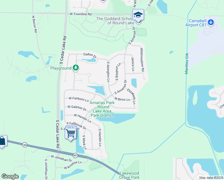 map of restaurants, bars, coffee shops, grocery stores, and more near 344 West Biros Lane in Round Lake