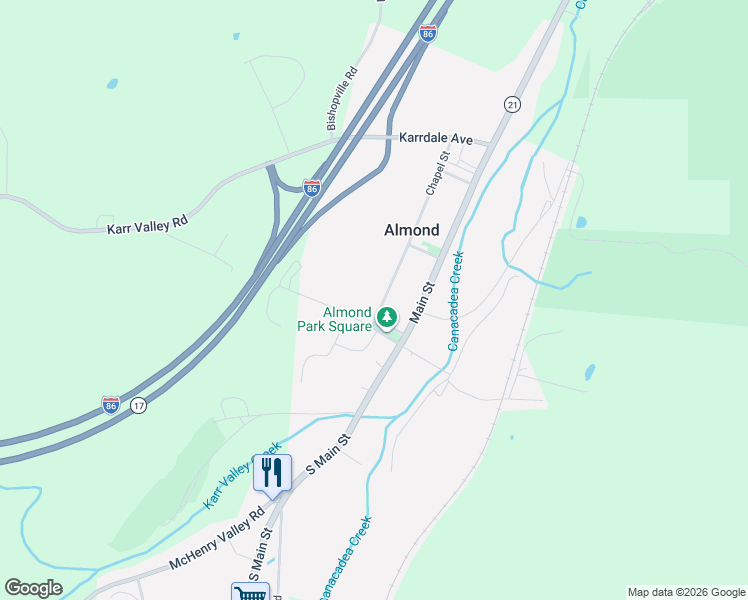 map of restaurants, bars, coffee shops, grocery stores, and more near 36 Chapel Street in Almond