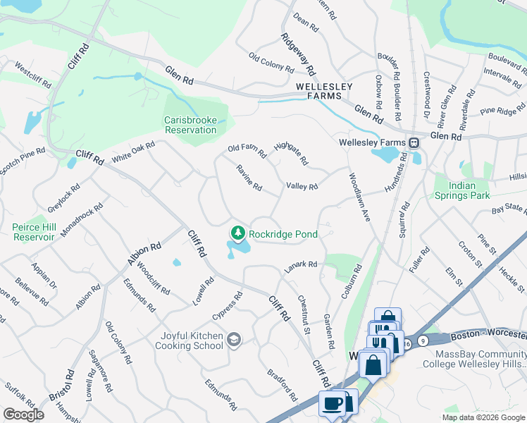map of restaurants, bars, coffee shops, grocery stores, and more near 25 Hundreds Circle in Wellesley