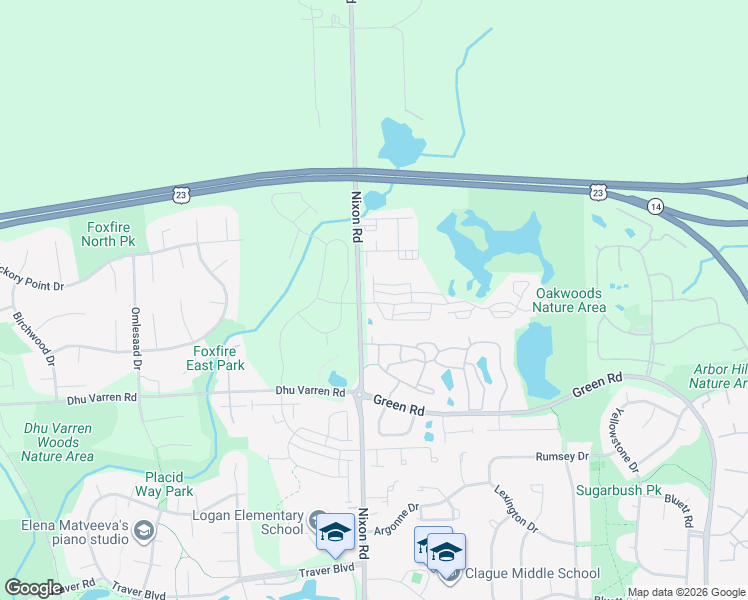 map of restaurants, bars, coffee shops, grocery stores, and more near 2710 Barclay Way in Ann Arbor