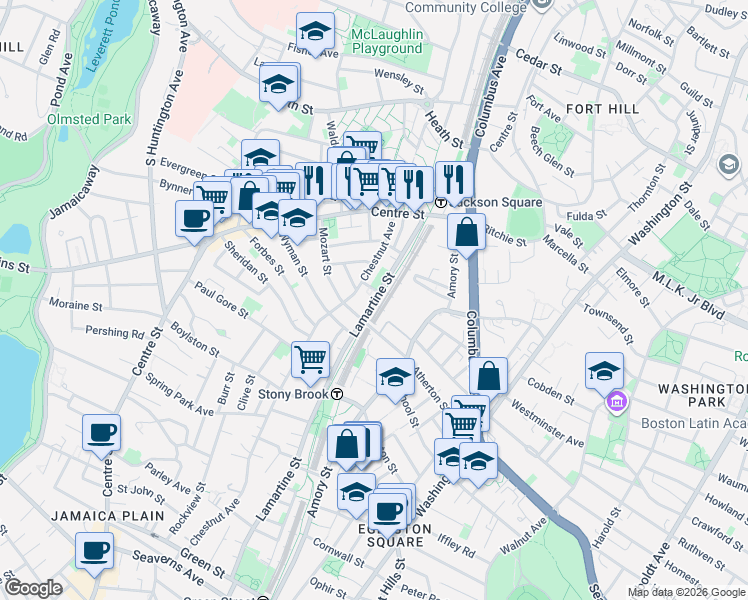 map of restaurants, bars, coffee shops, grocery stores, and more near 30 Lamartine Street in Boston