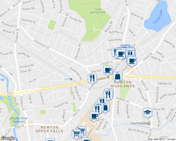 map of restaurants, bars, coffee shops, grocery stores, and more near 46 Woodward Street in Newton