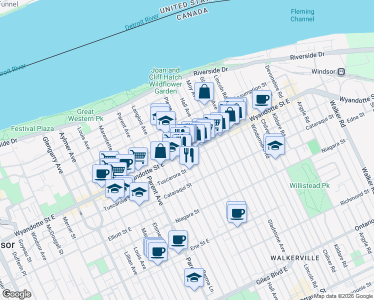 map of restaurants, bars, coffee shops, grocery stores, and more near 1194 Wyandotte Street East in Windsor