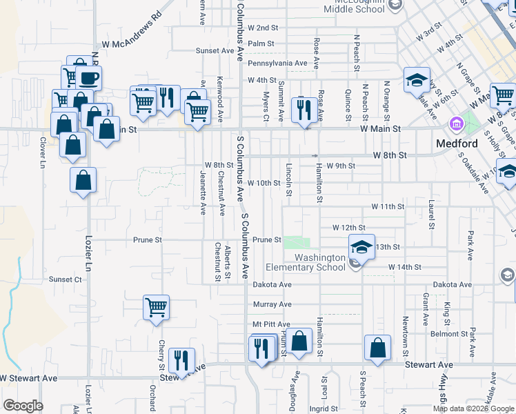 map of restaurants, bars, coffee shops, grocery stores, and more near 412 Benson Street in Medford