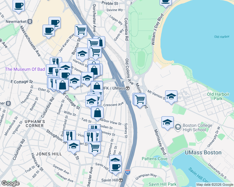 map of restaurants, bars, coffee shops, grocery stores, and more near 82 Crescent Avenue in Boston
