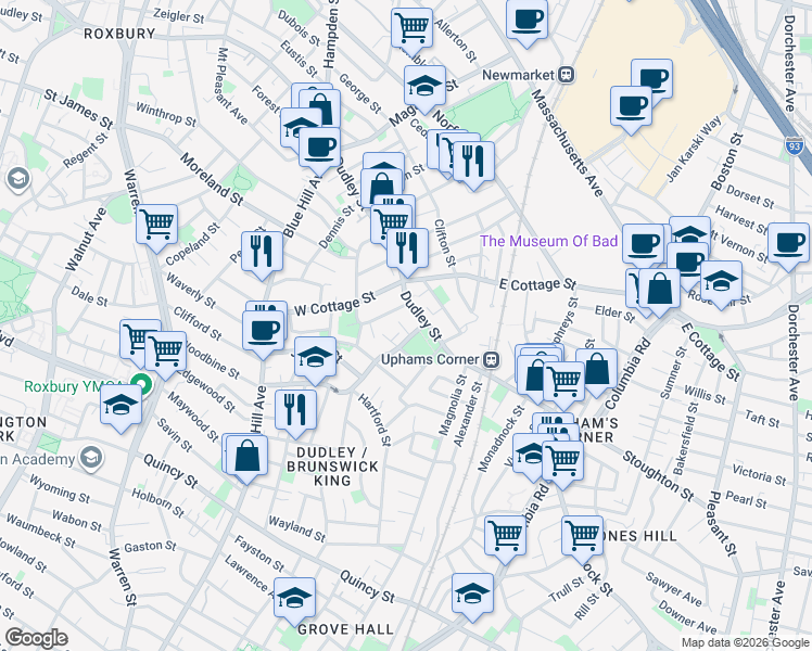 map of restaurants, bars, coffee shops, grocery stores, and more near 621 Dudley Street in Boston