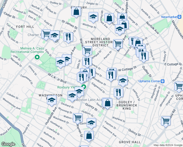 map of restaurants, bars, coffee shops, grocery stores, and more near 14 Woodbine Street in Boston