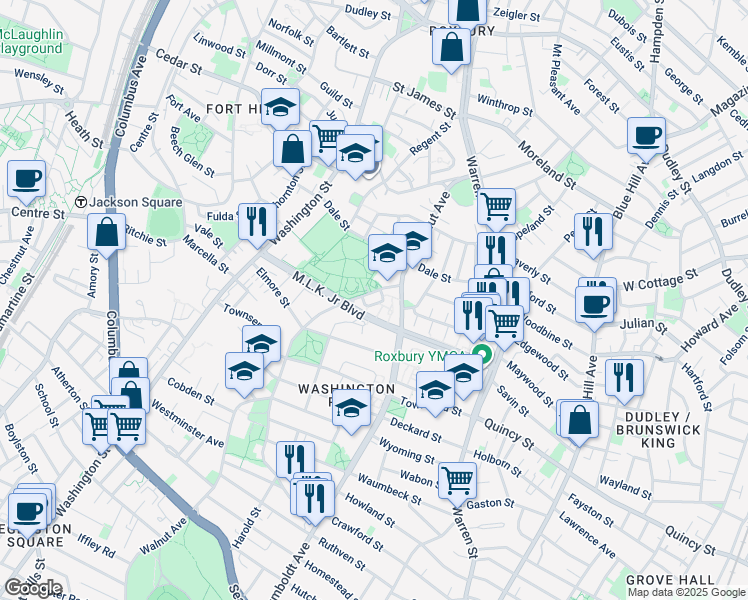 map of restaurants, bars, coffee shops, grocery stores, and more near 77 Bower Street in Boston