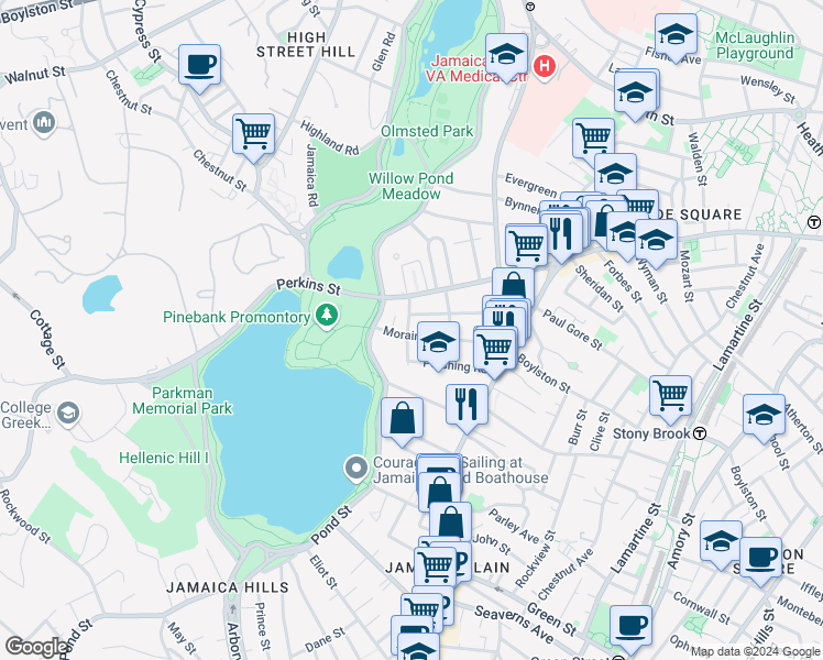 map of restaurants, bars, coffee shops, grocery stores, and more near 61 Pershing Road in Boston