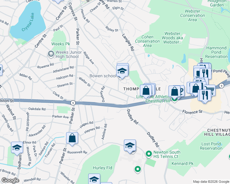 map of restaurants, bars, coffee shops, grocery stores, and more near 53 Maplewood Avenue in Newton