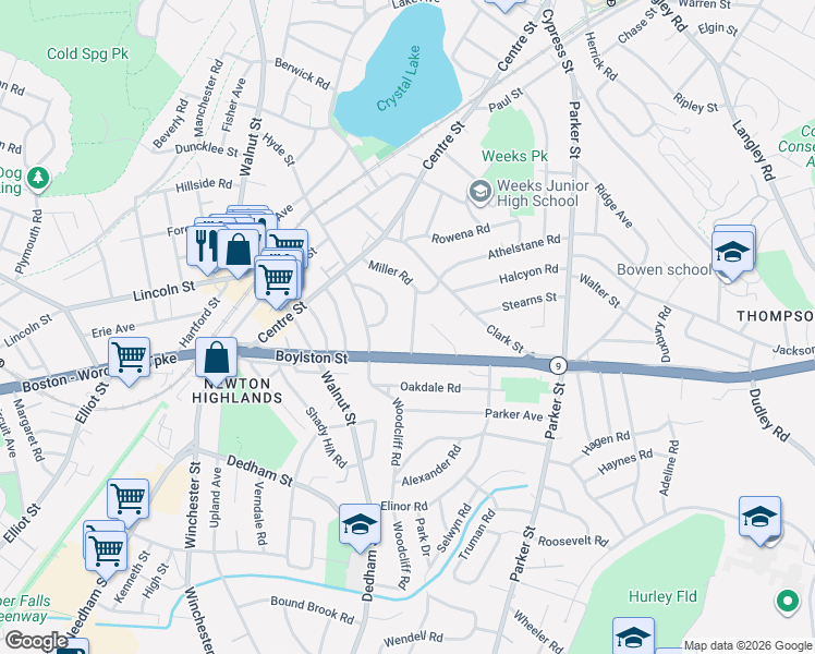map of restaurants, bars, coffee shops, grocery stores, and more near 81 Cloverdale Road in Newton