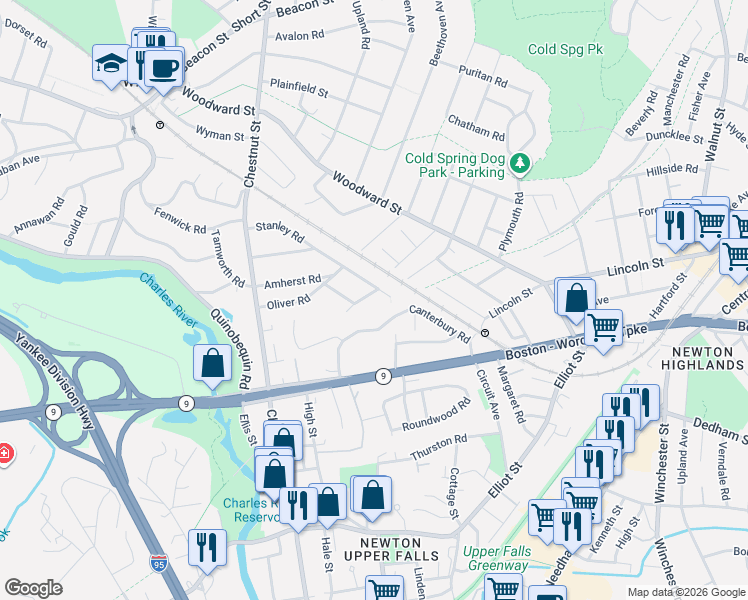 map of restaurants, bars, coffee shops, grocery stores, and more near 66 Cragmore Road in Newton
