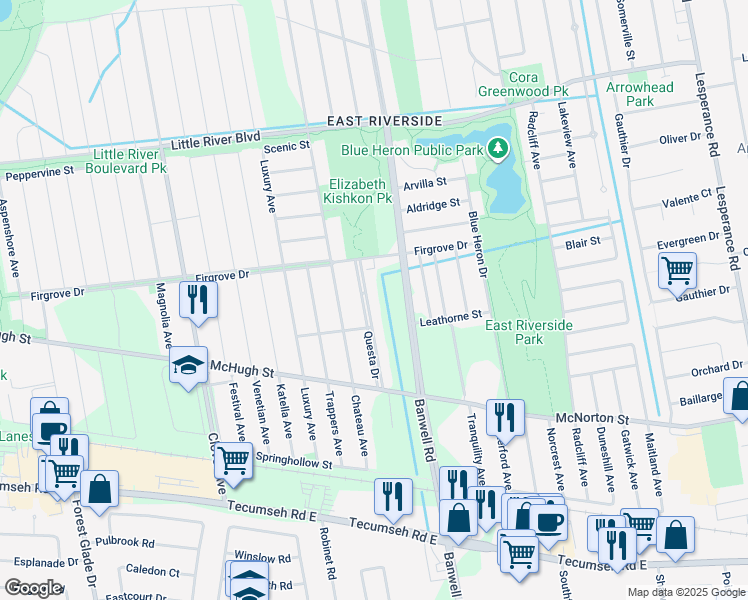 map of restaurants, bars, coffee shops, grocery stores, and more near 1976 Questa Drive in Windsor