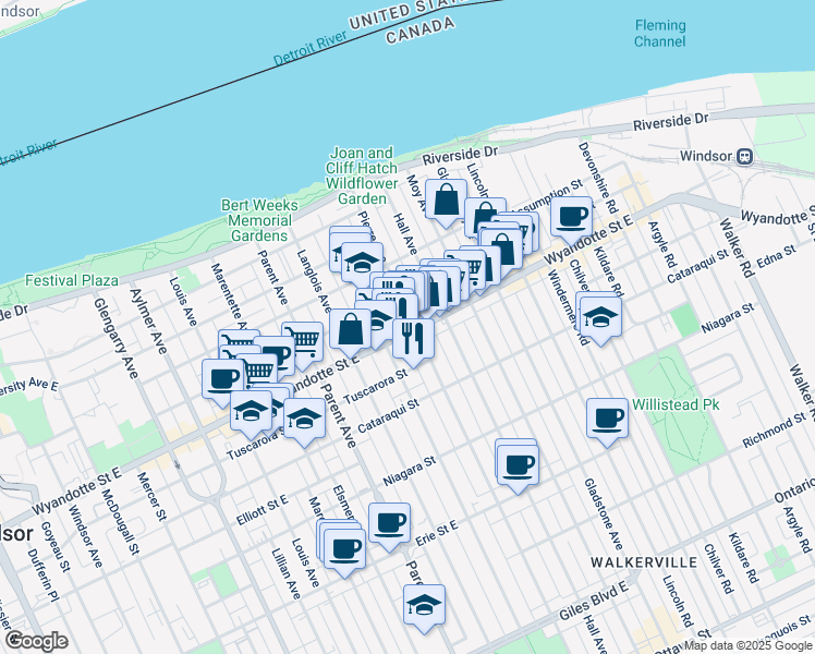 map of restaurants, bars, coffee shops, grocery stores, and more near 1157 Wyandotte Street East in Windsor