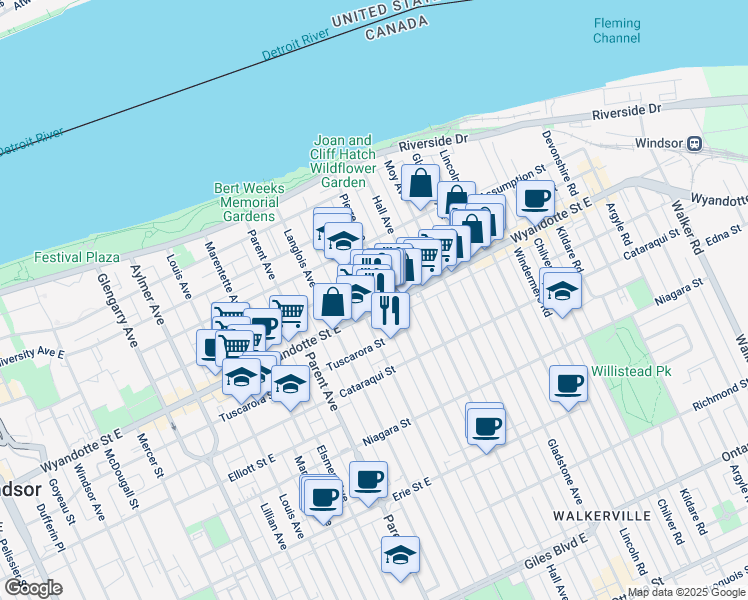 map of restaurants, bars, coffee shops, grocery stores, and more near 1157 Wyandotte Street East in Windsor