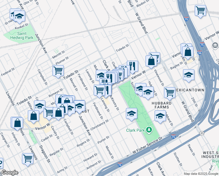 map of restaurants, bars, coffee shops, grocery stores, and more near 4601 Vernor Highway in Detroit