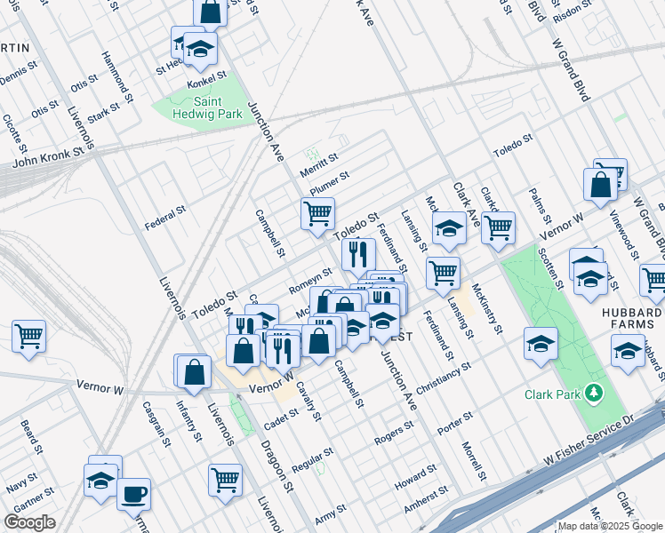 map of restaurants, bars, coffee shops, grocery stores, and more near 5665 Romeyn Street in Detroit