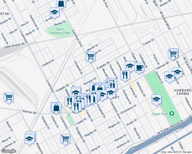 map of restaurants, bars, coffee shops, grocery stores, and more near 5665 Romeyn Street in Detroit