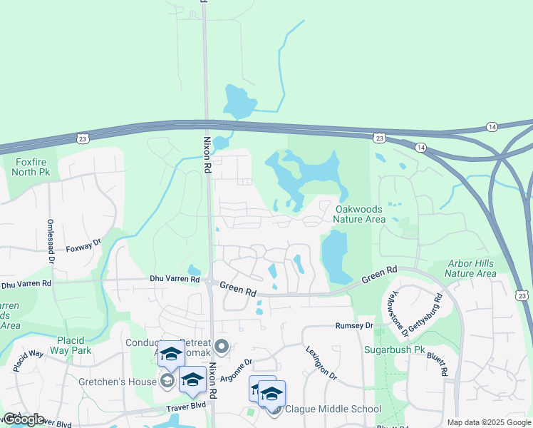 map of restaurants, bars, coffee shops, grocery stores, and more near 2890 Barclay Way in Ann Arbor