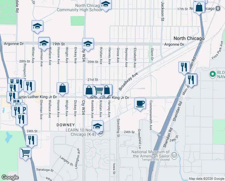 map of restaurants, bars, coffee shops, grocery stores, and more near 1610 Martin Luther King Junior Drive in North Chicago