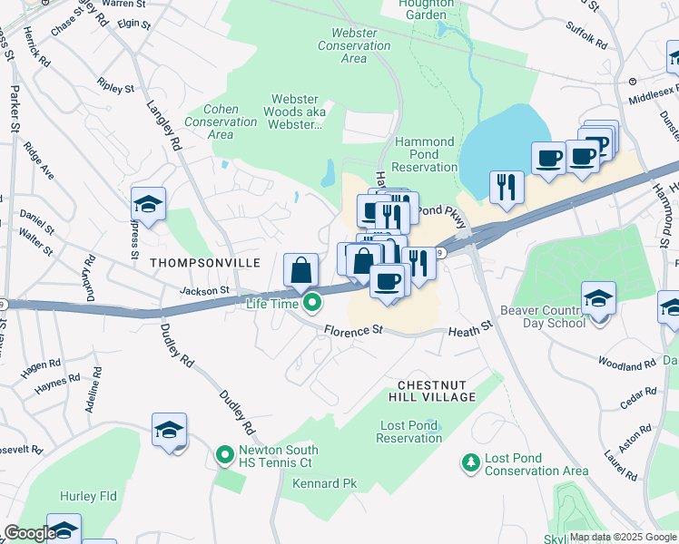 map of restaurants, bars, coffee shops, grocery stores, and more near 19 Moody Street in Newton
