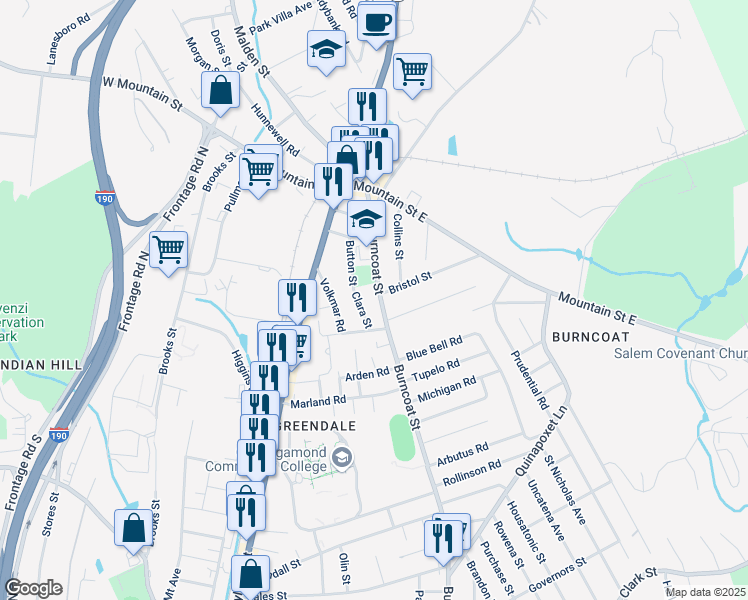 map of restaurants, bars, coffee shops, grocery stores, and more near 8 Clara Street in Worcester