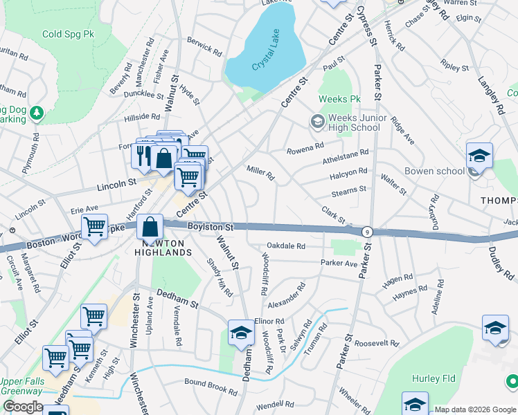 map of restaurants, bars, coffee shops, grocery stores, and more near 52 Rockledge Road in Newton