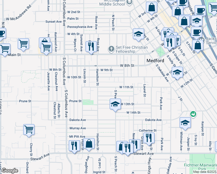 map of restaurants, bars, coffee shops, grocery stores, and more near 1023 West 11th Street in Medford