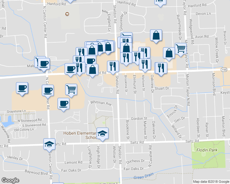 map of restaurants, bars, coffee shops, grocery stores, and more near 44431 Savery Drive in Canton