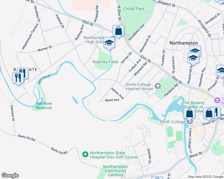 map of restaurants, bars, coffee shops, grocery stores, and more near 102 Vernon Street in Northampton