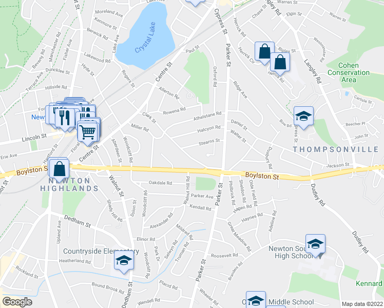 map of restaurants, bars, coffee shops, grocery stores, and more near 130 Clark Street in Newton