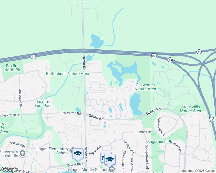map of restaurants, bars, coffee shops, grocery stores, and more near 2890 Barclay Way in Ann Arbor