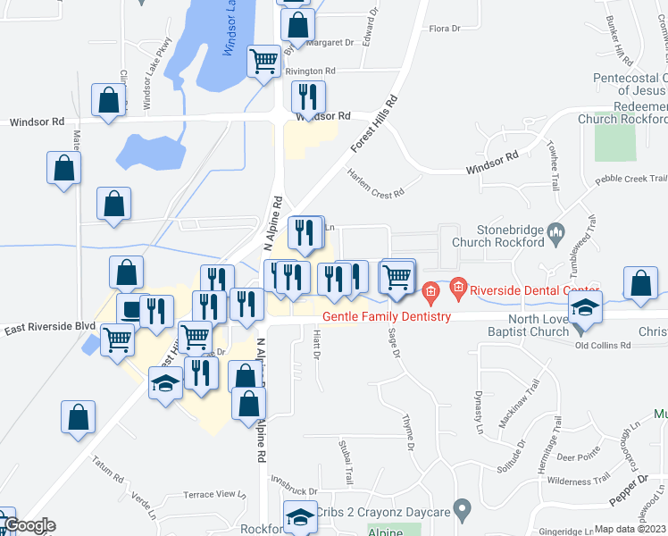 map of restaurants, bars, coffee shops, grocery stores, and more near 4134 Old Golf Road in Loves Park