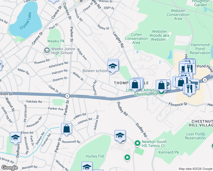 map of restaurants, bars, coffee shops, grocery stores, and more near 142 Jackson Street in Newton