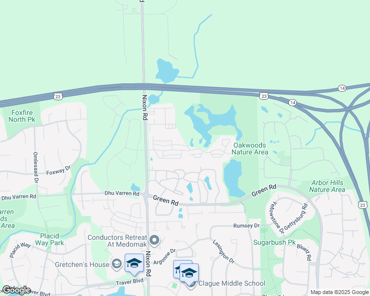 map of restaurants, bars, coffee shops, grocery stores, and more near 2890 Barclay Way in Ann Arbor