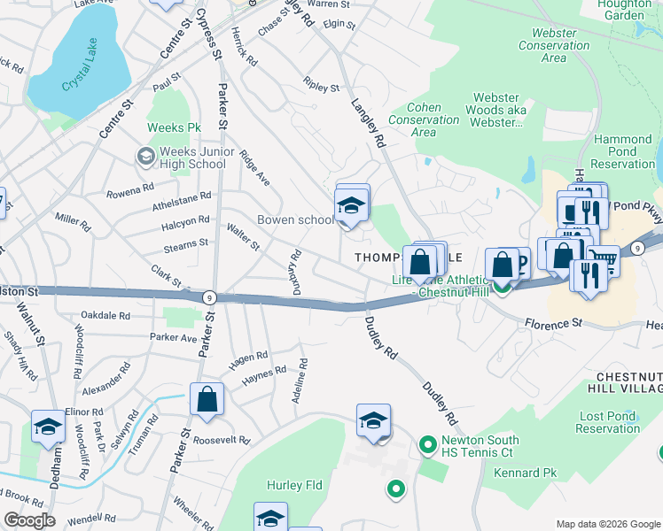 map of restaurants, bars, coffee shops, grocery stores, and more near 53 Maplewood Avenue in Newton