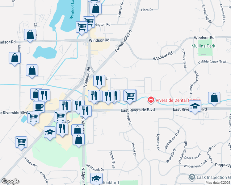 map of restaurants, bars, coffee shops, grocery stores, and more near 4137 Old Golf Road in Loves Park