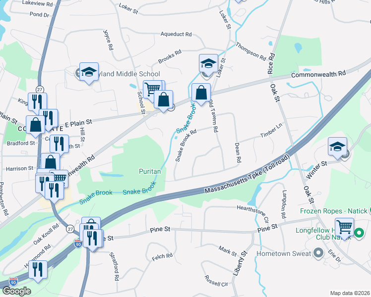 map of restaurants, bars, coffee shops, grocery stores, and more near 20 Snake Brook Road in Wayland