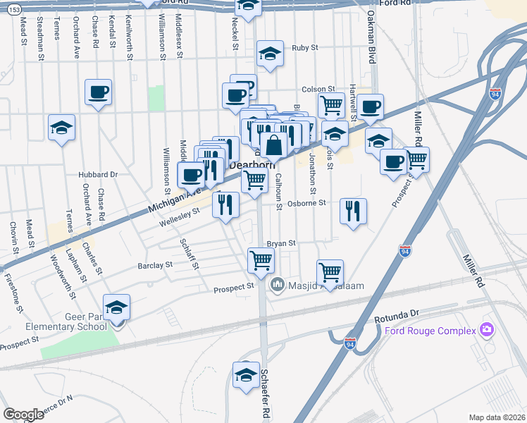 map of restaurants, bars, coffee shops, grocery stores, and more near 4253 Calhoun Street in Dearborn