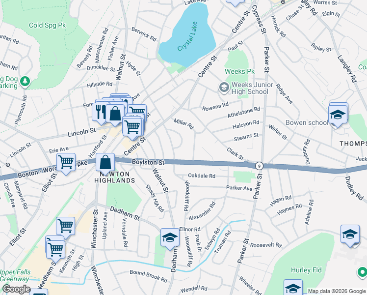 map of restaurants, bars, coffee shops, grocery stores, and more near 81 Cloverdale Road in Newton
